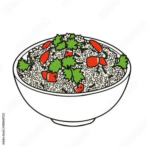 Lebanese Tabbouleh Salad with Parsley and Bulgur – A Refreshing and Healthy Dish Black Outline Vector Illustration
