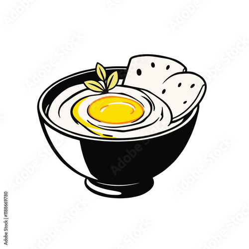 Mediterranean Hummus Bowl with Olive Oil and Pita Bread – A Creamy and Healthy Snack Black Outline Vector Illustration