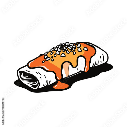 Mexican Enchilada Topped with Sauce and Cheese – A Cheesy and Flavorful Dish Black Outline Vector Illustration