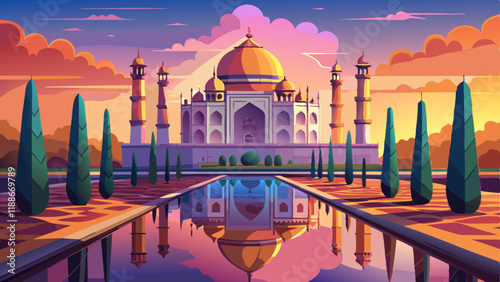 Taj Mahal reflection at sunrise as seen from Char Bagh pool, Agra, India
