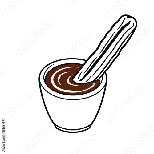 Spanish Churro with Chocolate Dipping Sauce – A Sweet and Crunchy Dessert Black Outline Vector Illustration