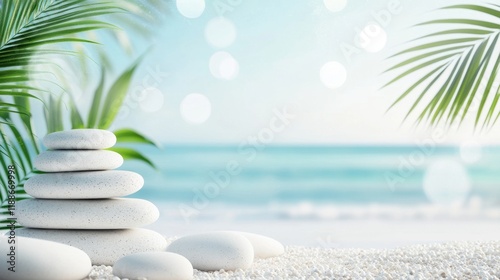 Fototapeta Naklejka Na Ścianę i Meble -  Summer beach setting with white stones and palm leaves, featuring a podium for product display by the blue sea