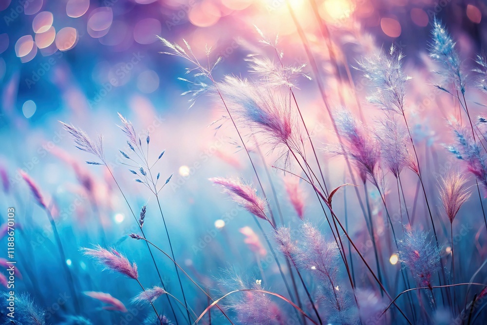 Fototapeta premium Abstract Blue Blurred Background with Pale Pink Grass Pattern - Long Exposure Photography