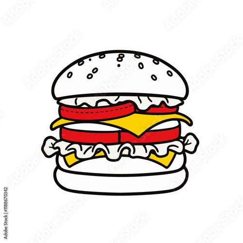 American Burger with Lettuce, Tomato, and Cheese – A Juicy and Classic Meal Black Outline Vector Illustration