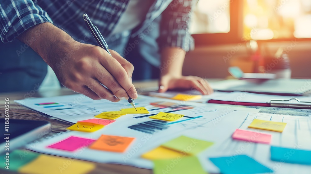 Fototapeta premium A close-up view of a person writing on a document surrounded by colorful sticky notes, engaged in planning and brainstorming activities in a bright, modern workspace.