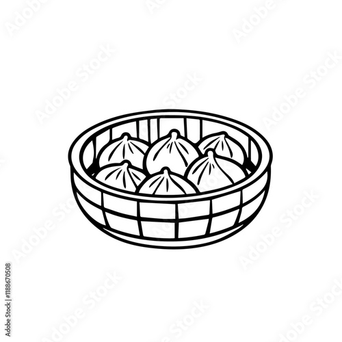 Chinese Dim Sum Basket with Dumplings – A Steamed and Savory Delight Black Outline Vector Illustration