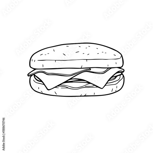 French Croque-Monsieur with Melted Cheese and Ham – A Classic Grilled Sandwich Black Outline Vector Illustration
