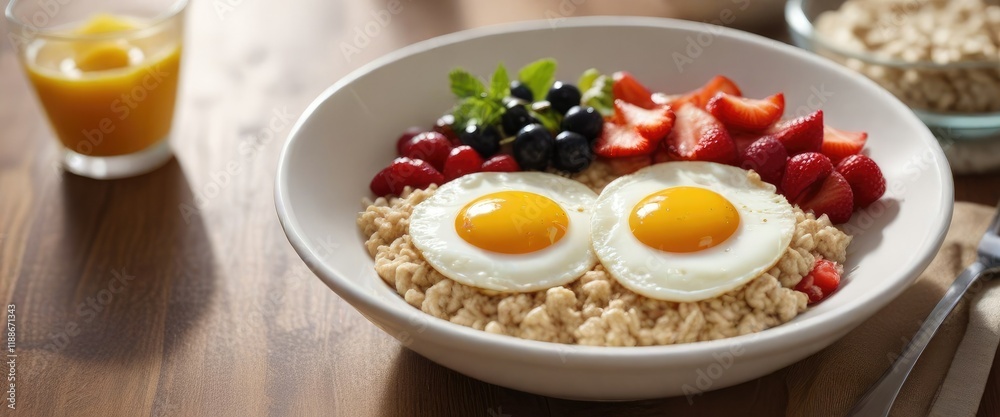 A plate with a perfectly cooked fried egg in a bowl filled with oatmeal and fresh fruit , healthy, wholesome A plate with a perfectly cooked fried egg in a bowl filled with oatmeal and fresh fruit , healthy, wholesome