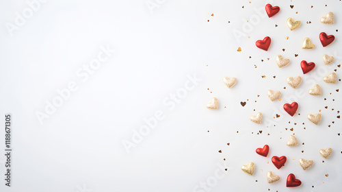 A festive flat-lay featuring glittering gold and red heart decorations scattered on a white background, perfect for Valentine's Day or romantic-themed branding. Selective focus photo