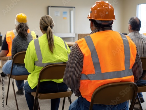 A group of workers participating in a safety training session, dressed in high-visibility vests and helmets, demonstrating the importance of workplace safety and education.