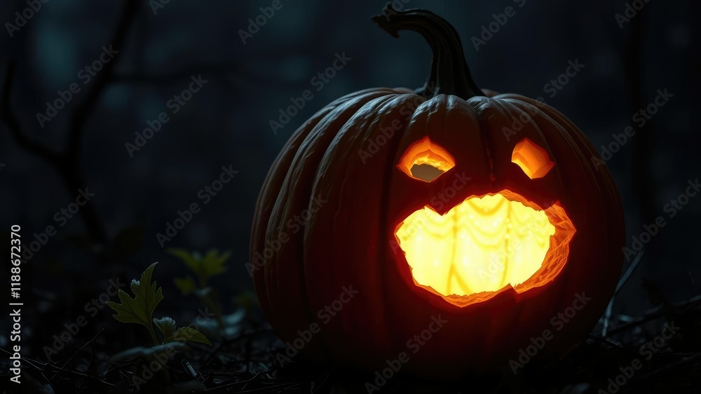 A pumpkin with an eerie glow emanates from within its hollow interior, casting an otherworldly light on the surrounding environment, spooky decorations, dark and moody, eerie ambiance A pumpkin with an eerie glow emanates from within its hollow interior, casting an otherworldly light on the surrounding environment, spooky decorations, dark and moody, eerie ambiance