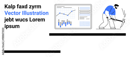 Data charts with rising trends, worker with pickaxe, text placeholders. Ideal for labor force, analytics, technology, economy, industry contrast, infographic, productivity reports. Landing page