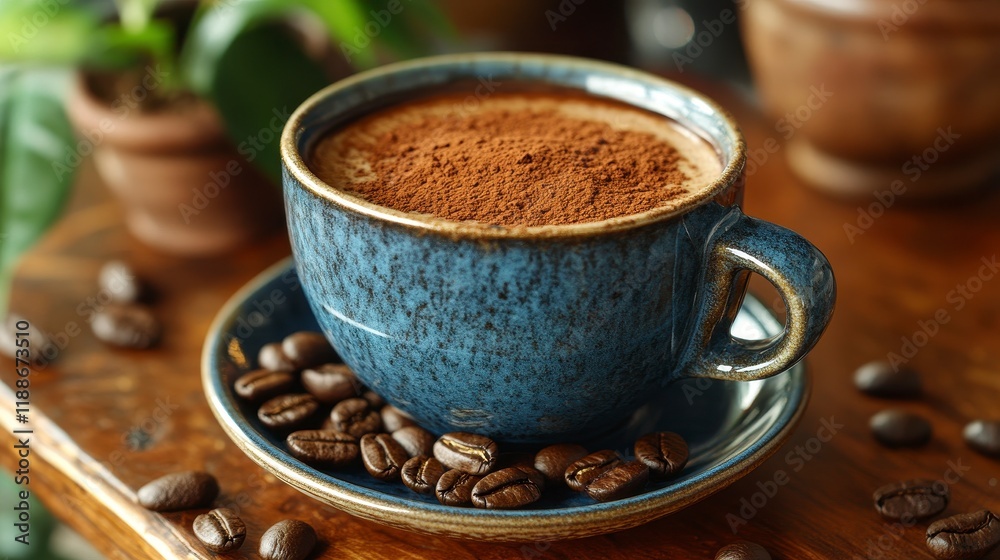 A blue cup of coffee with cocoa powder on top, sits on a saucer with coffee beans. A blue cup of coffee with cocoa powder on top, sits on a saucer with coffee beans.