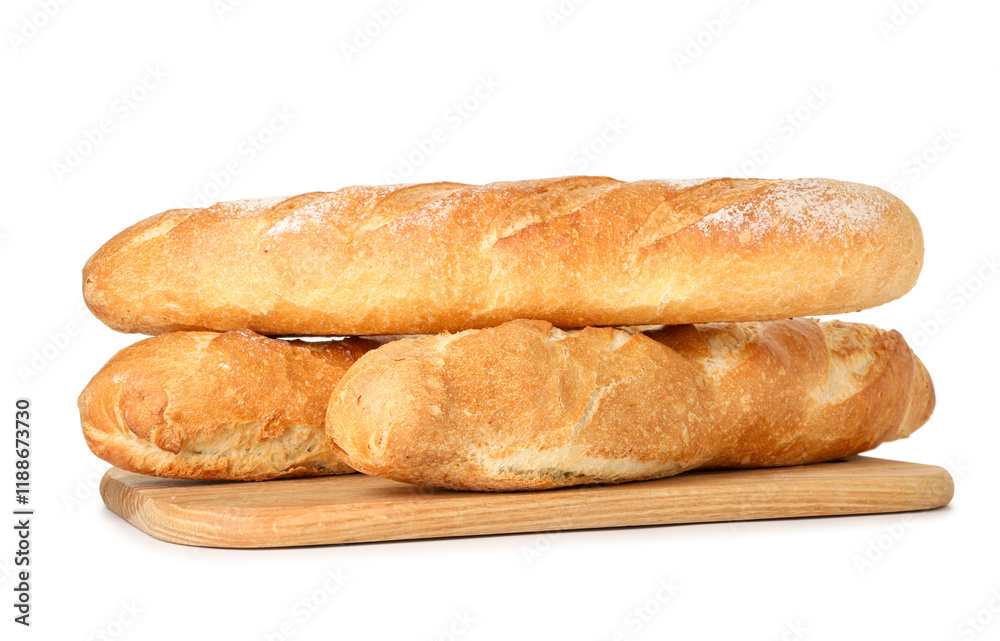 Three freshly baked baguettes isolated on white