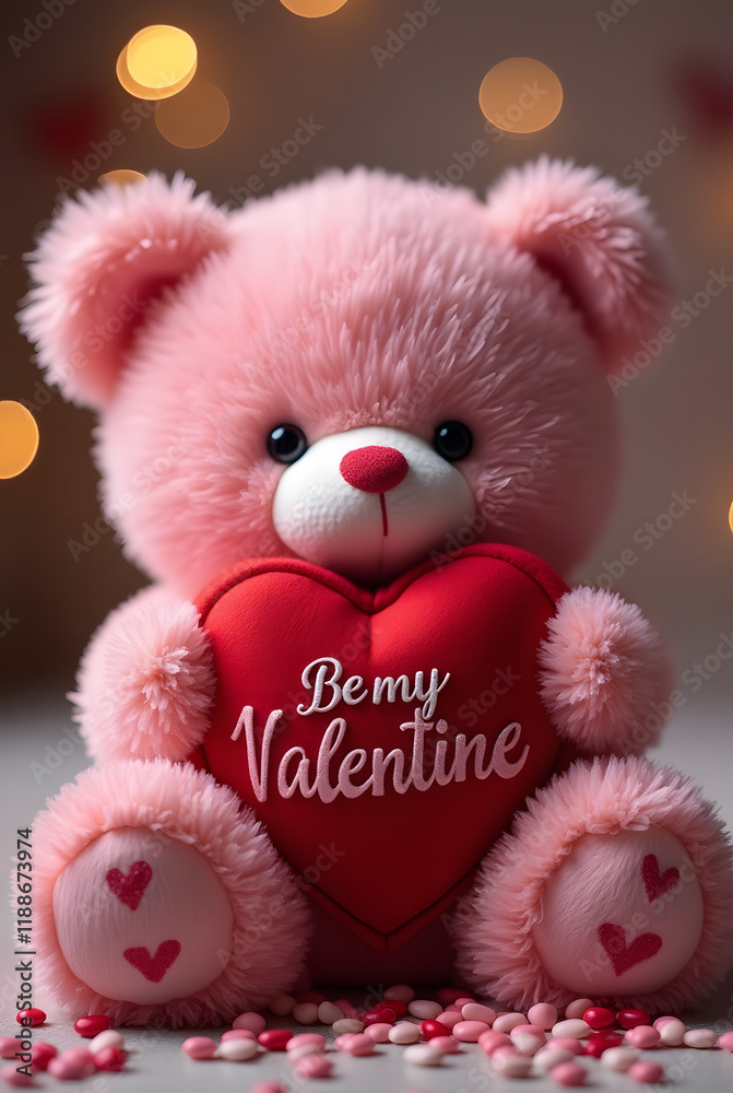 Pink teddy bear holding red heart with Pink teddy bear holding red heart with