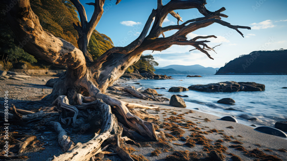 Twisted branches of a weathered tree along a tranquil beach at sunset with rocks and distant hills Twisted branches of a weathered tree along a tranquil beach at sunset with rocks and distant hills