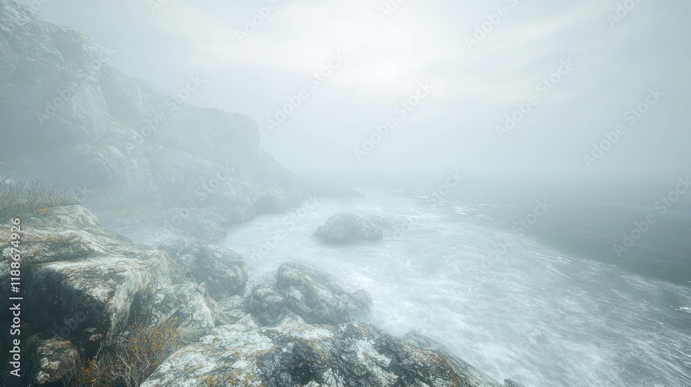 Fototapeta premium Misty Coastal Cliffs and the Enigmatic Sea