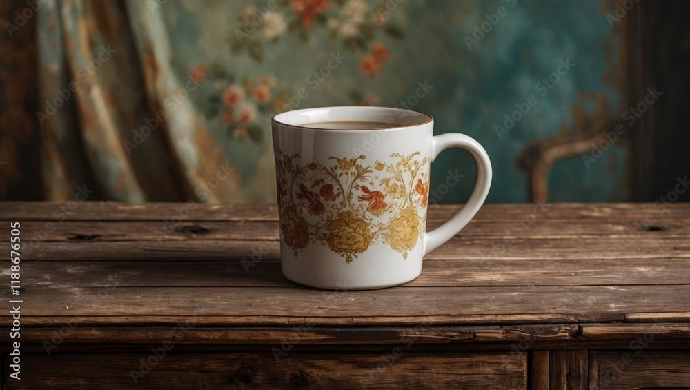 Mug resting on rustic wood table background Mug resting on rustic wood table background