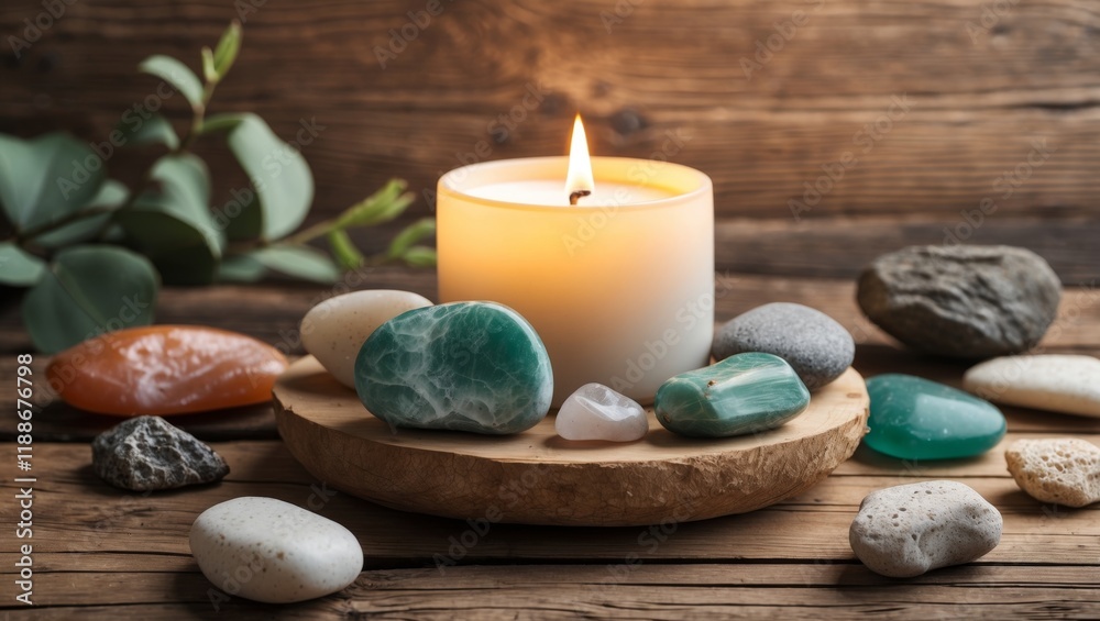 Natural stones and candle on rustic wooden surface Natural stones and candle on rustic wooden surface