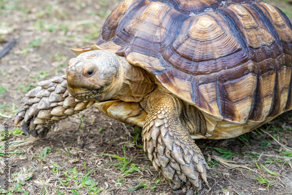 A majestic Sulcata tortoise crawls leisurely across a vibrant green lawn, its textured shell showcasing intricate patterns that highlight its natural beauty A majestic Sulcata tortoise crawls leisurely across a vibrant green lawn, its textured shell showcasing intricate patterns that highlight its natural beauty
