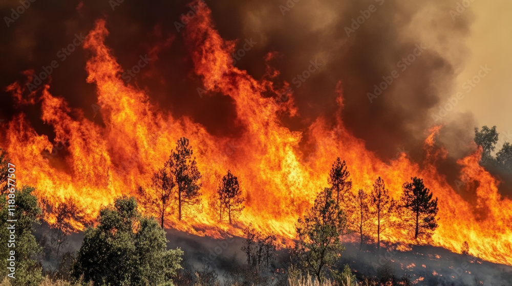 fierce wildfire engulfs forest, with intense flames and thick smoke rising fierce wildfire engulfs forest, with intense flames and thick smoke rising