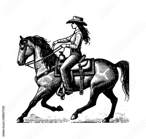 woman riding a horse engraving black and white outline