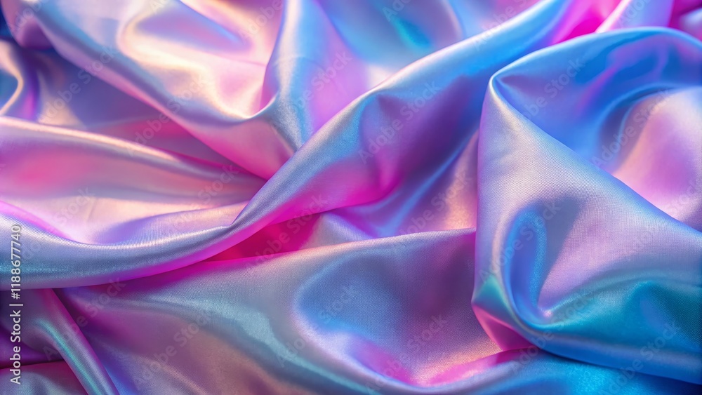 Obraz premium Abstract Iridescent Fabric Drape Pink, Blue, Purple Gradient Texture, Silk, Wave, Background Iridescent fabric, holographic textile