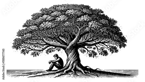 person seated alone, in a contemplative sad pose, side view, engraving black and white outline