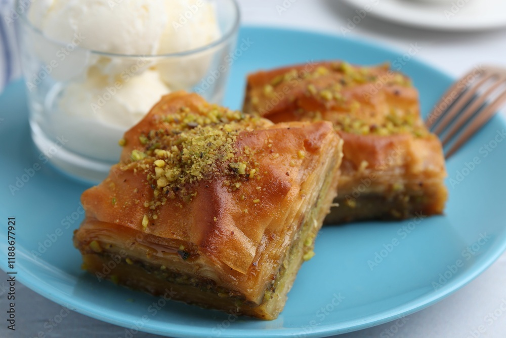 Tasty baklava with chopped nuts and scoops of ice cream on table, closeup Tasty baklava with chopped nuts and scoops of ice cream on table, closeup