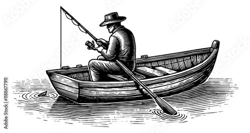 fisherman in a small wooden rowboat, fishing in the water engraving black and white outline