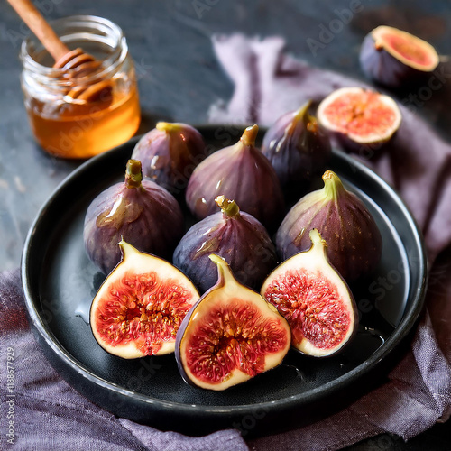 Sweet HoneyGlazed Figs Dark Plate, Ripe Fruit, Autumnal Still Life, Generated image photo