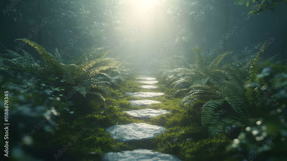 Obraz premium Mystical Forest Path: Sunlight through Fog, Stone Walkway among Lush Green Plants