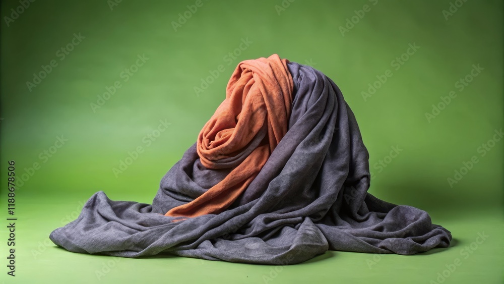 Draped Fabric Still Life Grey and Orange Textile Composition, Green Background,Abstract Photography,Fabric Texture Keywords textile, photography Draped Fabric Still Life Grey and Orange Textile Composition, Green Background,Abstract Photography,Fabric Texture Keywords textile, photography