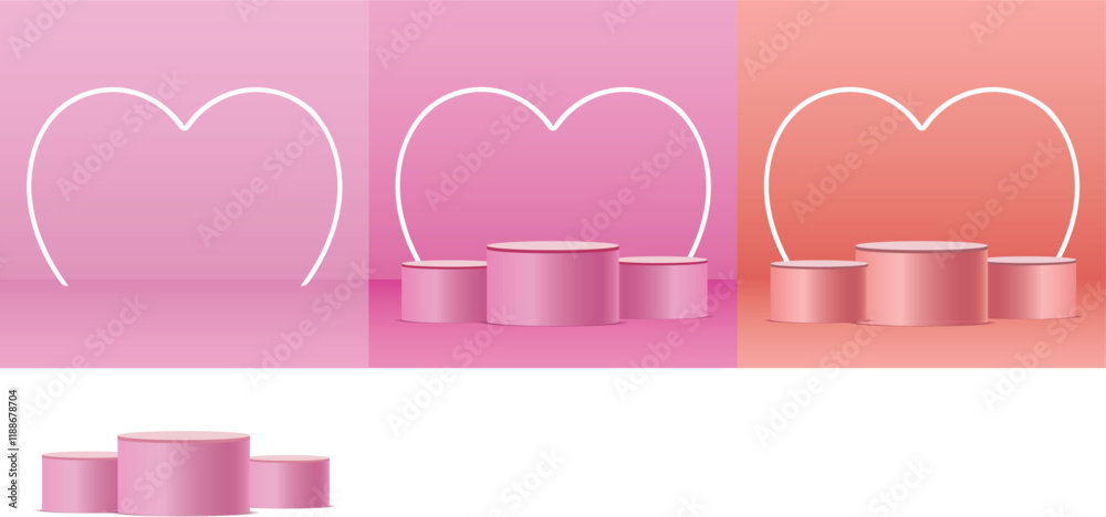 Set of 3D podium valentine day background with pink, red, white cylinder pedestal. Glow neon heart shape backdrop. Vector geometric platform. Set of 3D podium valentine day background with pink, red, white cylinder pedestal. Glow neon heart shape backdrop. Vector geometric platform.