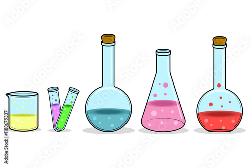 Chemical laboratory flask test tube collection. Experiment equipment.