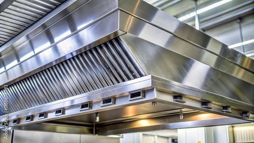 Stainless Steel Commercial Kitchen Hood Angled Composition, Reflective Surface, Modern Design, Kitchen Ventilation Commercial Kitchen Equipment, Restaurant Design