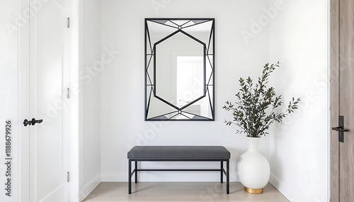 Elegant Modern Entrance Hall with Stylish Mirror and Artistic Plant Décor