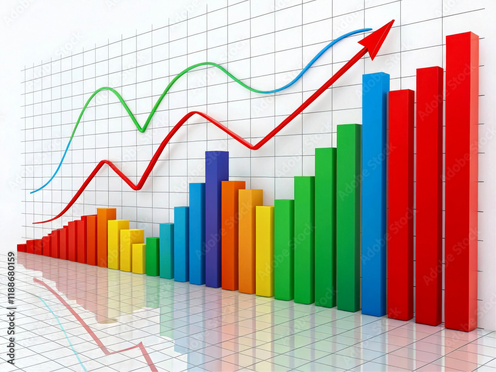 Abstract financial chart with colorful lines and bars on a clean white background