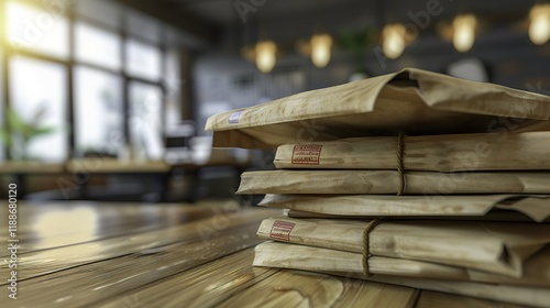 Stack of sealed confidential envelopes on wooden desk, symbolizing secure document handling, privacy, and classified information management in professional settings