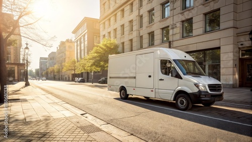 White Delivery Van on City Street Sunrise Composition, Urban Landscape Photography, Logistics Concept Delivery truck, urban logistics