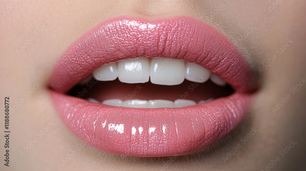 Close up of pink lips with glossy lip gloss, beautiful smile and even teeth, soft lighting