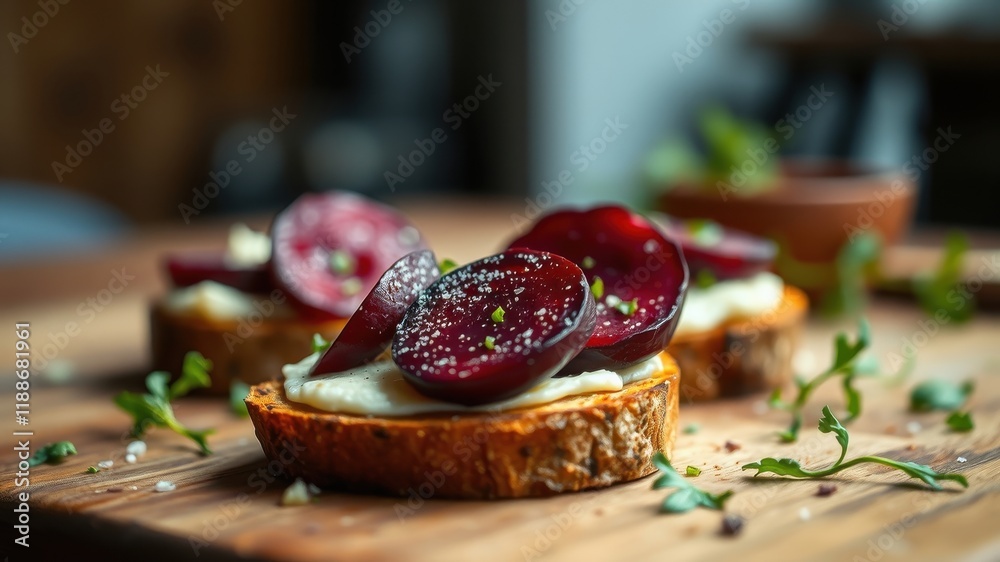 Roasted Sweet Potato Toasts Topped with Creamy Cheese and Sliced Beetroot, Garnished with Fresh Herbs Roasted Sweet Potato Toasts Topped with Creamy Cheese and Sliced Beetroot, Garnished with Fresh Herbs