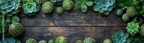 Many different types of cactus plants on this wooden surface, plant background, banner, copy space photo