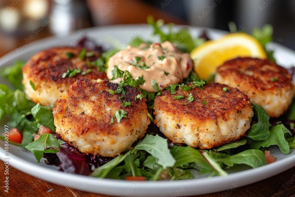 Delicious fried crab cakes served on mixed green salad with remoulade sauce Delicious fried crab cakes served on mixed green salad with remoulade sauce