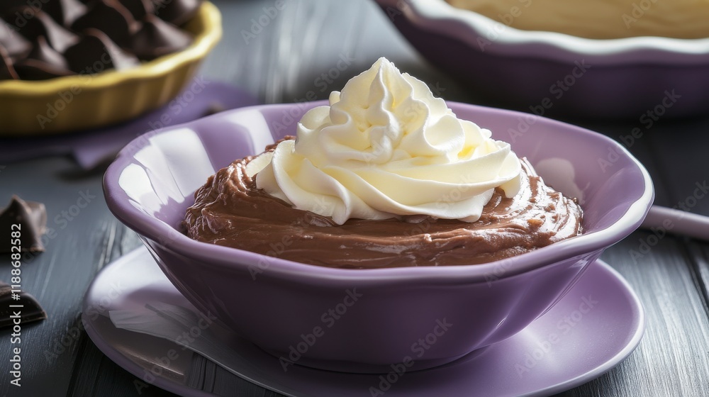 Chocolate Cream Pie with rich chocolate filling and a velvety whipped cream topping, served in a soft purple bowl, creamy and decadent Hyper-quality professionnal photography Chocolate Cream Pie with rich chocolate filling and a velvety whipped cream topping, served in a soft purple bowl, creamy and decadent Hyper-quality professionnal photography