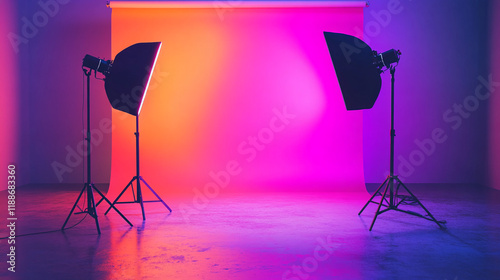 Vibrant photography studio with colorful lighting and equipment setup