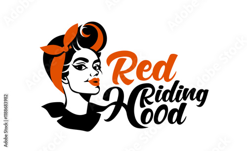 50s classic rockabilly pin-up girl vector cartoon illustration in black and red for print, tattoo, brand, logo, advertising, victory rolls hairstyle, scarf, bandana, we can do it, Red Riding Hood