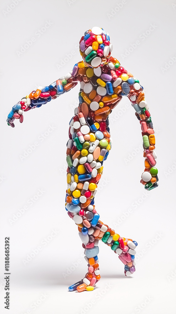 A creative humanoid figure made entirely of colorful pills and capsules, symbolizing medicine, healthcare and pill addiction A creative humanoid figure made entirely of colorful pills and capsules, symbolizing medicine, healthcare and pill addiction