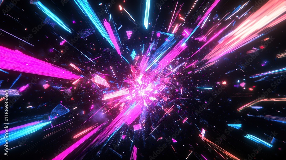 Fototapeta premium **A fragmented explosion of glowing diagonal lines in neon pink