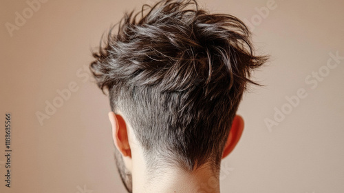 Messy brown hair on man head, showcasing healthy scalp and texture photo